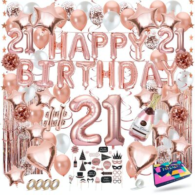 Fissaly® 21 Years Rose Gold Birthday Decoration Decoration - Helium, Latex & Paper Confetti Balloons