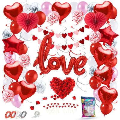 Fissaly® 89 Pieces Love & Hearts Decoration Set Helium & Paper Confetti Balloons & Ribbon I Love You - Present - Man & Fold - Him & Her - Red Valentine