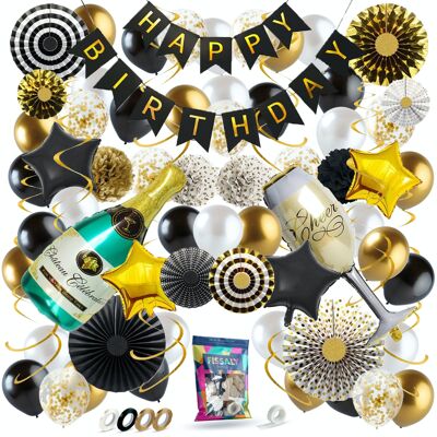 Fissaly® 76-teiliges Party-Dekorationsset in Gold, Schwarz und Weiß mit Konfetti-Luftballons aus Papier – Partydekoration – Champagner – Geburtstag – Helium – Latex