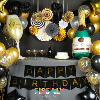 Fissaly® 76 pièces or, noir et blanc décoration avec ballons confettis en papier – décoration de fête - Champagne - anniversaire - Hélium – Latex 2