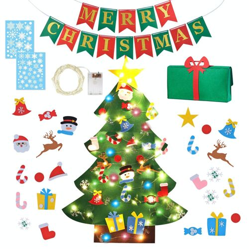 Fissaly® Christmas Decoration Set including Felt Children Christmas Tree, Embellishments, Lighting & Merry Christmas Garland  - Christmas Present - Children & Child