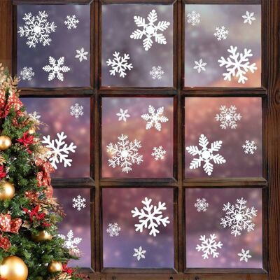 Fissaly® 294 Stickers Flocons de neige Décoration de fenêtres d'hiver et de Noël – Décoration de Noël pour l'intérieur - Étoiles et Glaçons - Autocollants de fenêtre