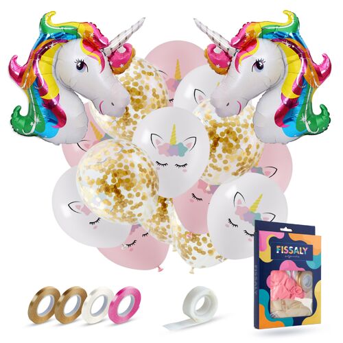 Fissaly® 37 pcs Unicorn Decoration Helium Balloons with Ribbon – Birthday – Paper Confetti – Latex