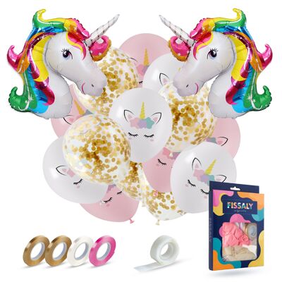 Fissaly® 37 pcs Unicorn Decoration Helium Balloons with Ribbon – Birthday – Paper Confetti – Latex