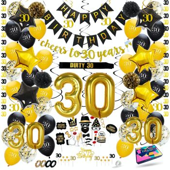 Fissaly® 30 Anniversaire Décoration Parure - Ballons – Anniversaire Homme & Femme - Noir et Or 1