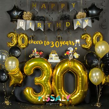 Fissaly® 30 Anniversaire Décoration Parure - Ballons – Anniversaire Homme & Femme - Noir et Or 2