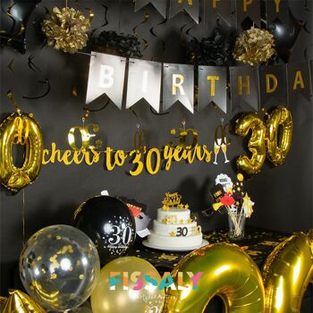 Fissaly® 30 Anniversaire Décoration Parure - Ballons – Anniversaire Homme & Femme - Noir et Or 3
