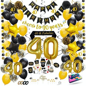 Fissaly® 40 Anniversaire Décoration Parure - Ballons – Anniversaire Homme & Femme - Noir et Or 1