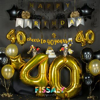 Fissaly® 40 Anniversaire Décoration Parure - Ballons – Anniversaire Homme & Femme - Noir et Or 2