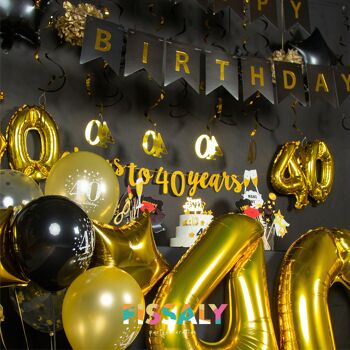 Fissaly® 40 Anniversaire Décoration Parure - Ballons – Anniversaire Homme & Femme - Noir et Or 3