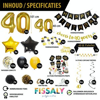 Fissaly® 40 Anniversaire Décoration Parure - Ballons – Anniversaire Homme & Femme - Noir et Or 4