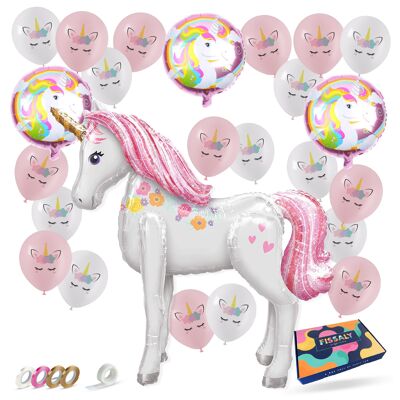 Fissaly® Paquete de decoración de globos de unicornio de 29 piezas – Juego de megacaballo de aluminio de 117 CM – Cumpleaños infantil – Princesa – Helio