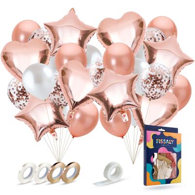Fissaly® 40 Pieces Rose Gold Helium Balloons with Ribbon – Birthday Party Decoration – Paper Confetti – Pink Gold Latex
