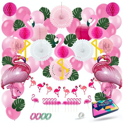Fissaly® 72 Pezzi Fenicottero tropicale Decorazione per feste – Palloncini rosa – Decorazione a nido d'ape – Hawaii e tropicale