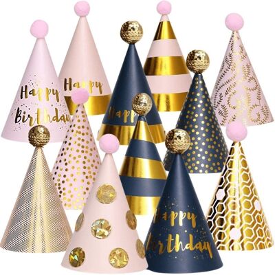 Fissaly® 12 Stücke „Alles Gute zum Geburtstag“-Partyhüte aus Pappe – „Erwachsene“ und „Kinder“ – „Geburtstagsparty-Papierhüte“ – Gold, Rosa und Silber