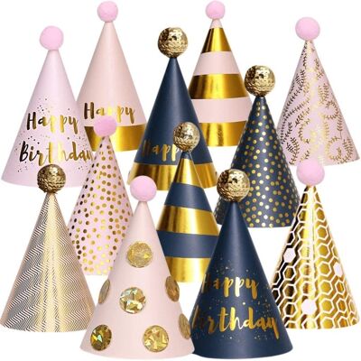 Fissaly® 12 pièces Joyeux Anniversaire Chapeau Carton – Adulte et Enfant – Chapeau de fête d'anniversaire en papier – Or, Rose et Argent