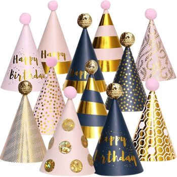 Fissaly® 12 pièces Joyeux Anniversaire Chapeau Carton – Adulte et Enfant – Chapeau de fête d'anniversaire en papier – Or, Rose et Argent 1