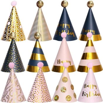 Fissaly® 12 pièces Joyeux Anniversaire Chapeau Carton – Adulte et Enfant – Chapeau de fête d'anniversaire en papier – Or, Rose et Argent 3
