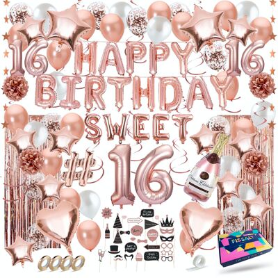 Fissaly® Sweet 16 Anni Rose Gold Decorazione di compleanno Abbellimento - Elio, Lattice e Palloncini Coriandoli di carta