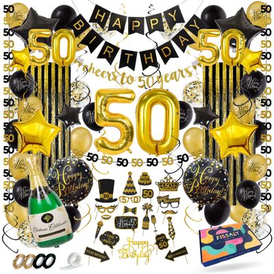 Fissaly® Adorno de decoración de cumpleaños de 50 años de Sarah y Abraham – Globos – Jubileo Hombre y Mujer – Negro y Dorado