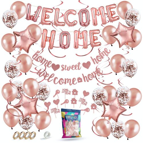 Fissaly® Welkom Thuis Rose Goud Versiering – Welcome Home Decoratie - Suprise Party – Inclusief Ballonnen, Slingers, Vlaggenlijn, Caketoppers & Accessoires