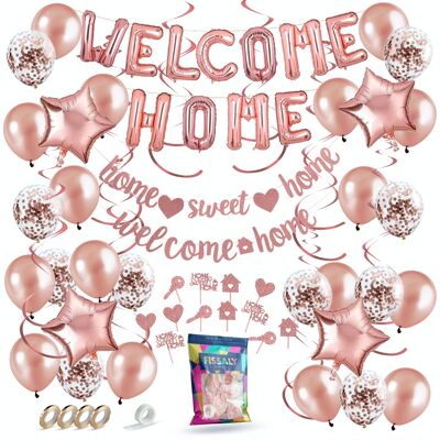 Decoración de bienvenida a casa en oro rosa de Fissaly® - Decoración de bienvenida a casa - Fiesta sorpresa - Incluye globos, pancartas, pancartas, adornos para pasteles y accesorios
