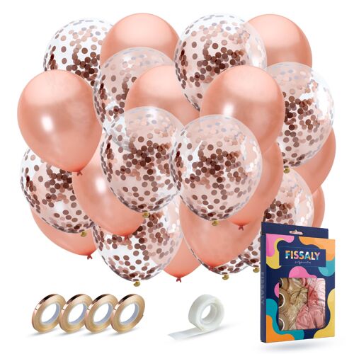 Fissaly® 40 pcs Rose Gold Helium Balloons with Ribbon – Birthday Embellishment - Decoration - Paper Confetti – Pink Gold Latex