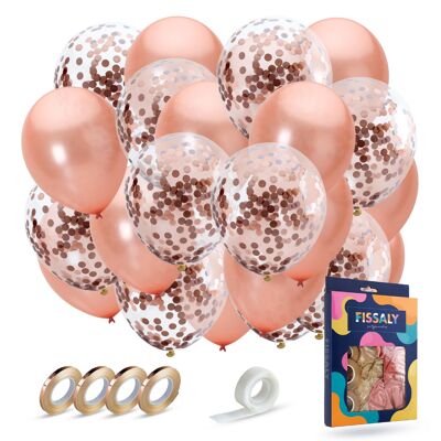 Fissaly® 40 pcs Rose Gold Helium Balloons with Ribbon – Birthday Embellishment – Decoration – Paper Confetti – Pink Gold Latex