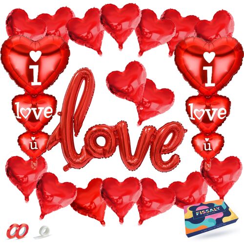 Fissaly® 21 Pieces Love & Hearts Decoration Set with Helium Balloons and Ribbon – I Love you – Him & Her Present - Red - Valentine