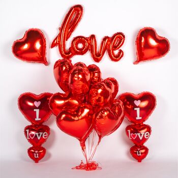 Fissaly® 21 Pièces Décoration Amour & Coeurs avec Ballons à l'Hélium et Ruban - Je T'aime - Lui & Son Cadeau - Rouge - Saint Valentin 2