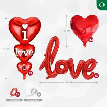 Fissaly® 21 Pièces Décoration Amour & Coeurs avec Ballons à l'Hélium et Ruban - Je T'aime - Lui & Son Cadeau - Rouge - Saint Valentin 3