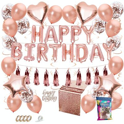 Fissaly® 45 piezas oro rosa cumpleaños decoración adorno con globos – fiesta – papel confeti – rosa – helio