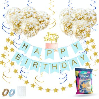 Fissaly® Guirlande d'Anniversaire Bleu & Or avec Ballons Confettis en Papier - Décoration - Joyeux Anniversaire - Guirlande de Lettres 1