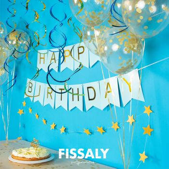 Fissaly® Guirlande d'Anniversaire Bleu & Or avec Ballons Confettis en Papier - Décoration - Joyeux Anniversaire - Guirlande de Lettres 2