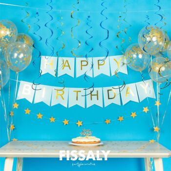 Fissaly® Guirlande d'Anniversaire Bleu & Or avec Ballons Confettis en Papier - Décoration - Joyeux Anniversaire - Guirlande de Lettres 3