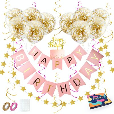 Fissaly® Birthday Garland Pink & Gold with Paper Confetti Balloons – Decoration – Happy Birthday  - Letter Garland