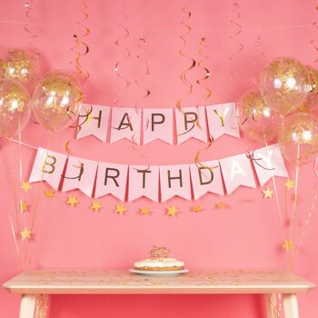 Fissaly® Guirlande d'anniversaire Rose & Or avec Ballons de confettis en papier – Décoration – Happy Birthday  - Guirlande de lettres 3