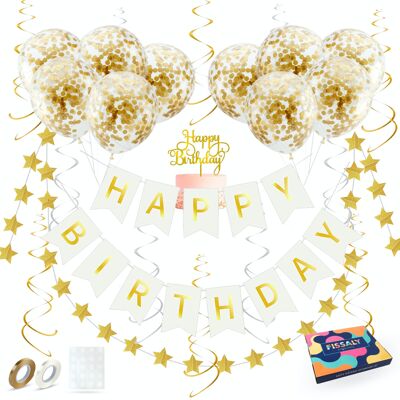 Fissaly® Birthday Garland White & Gold with Paper Confetti Balloons – Decoration – Happy Birthday  - Letter Garland