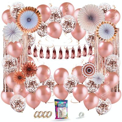 Fissaly® 68 stuks Rose Goud XL Decoratie Feestpakket – Ballonnen & Slingers – Feest Versiering