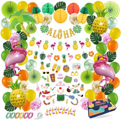 Fissaly® 127 pièces Décoration de fête Hawaii Flamingo & Ananas – Guirlandes – Hélium – Ballons