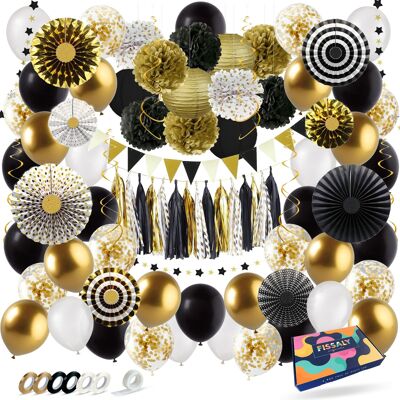Fissaly® 76 Pieces Gold, Black & White Decoration Party Pack with Balloons – Embellishment - Helium – Paper Confetti – Latex