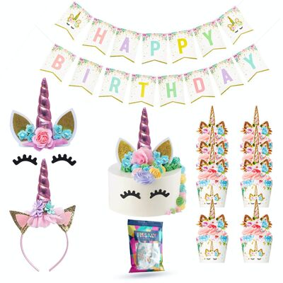 Fissaly® 53 Pieces Pink Unicorn Birthday Decoration Embellishment – Unicorn Topper Set – Children's Party – Party