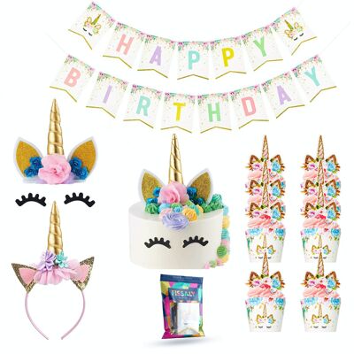 Fissaly® 53 Pieces Golden Unicorn Birthday Decoration Embellishment – Unicorn – Children's Party – Party