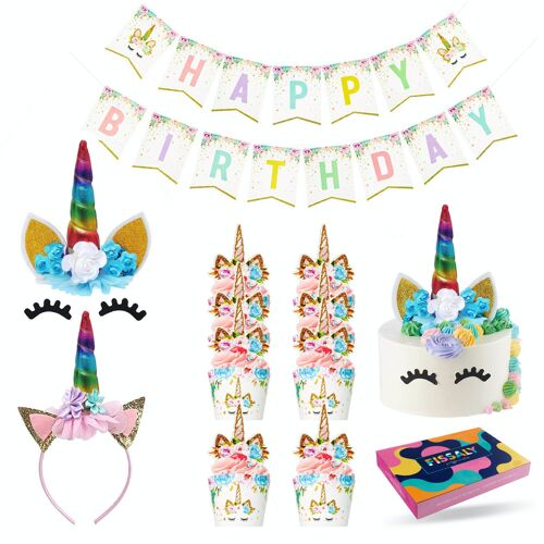 Fissaly® 53 Pieces Rainbow Unicorn Birthday Decoration Embellishment – Unicorn Topper Set – Children's Party – Party
