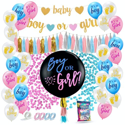 Fissaly® 42 Pieces Gender Reveal Party Balloons Decoration - Baby Boy or Girl Gender Party Pack – Paper Confetti Pink & Blue