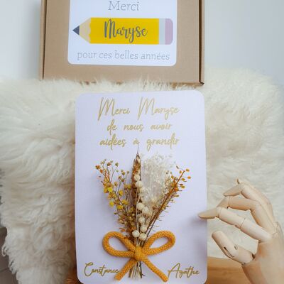 Natural dried flower card thank you mistress gift, flower bouquet to offer nanny, nursery, ATSEM, end of year thank you gift - Beige - Black - With easel