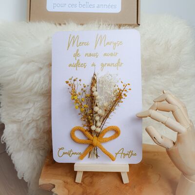 Natural dried flower card thank you mistress gift, flower bouquet to offer nanny, nursery, ATSEM, end of year thank you gift - Green - Black - Easel + packaging