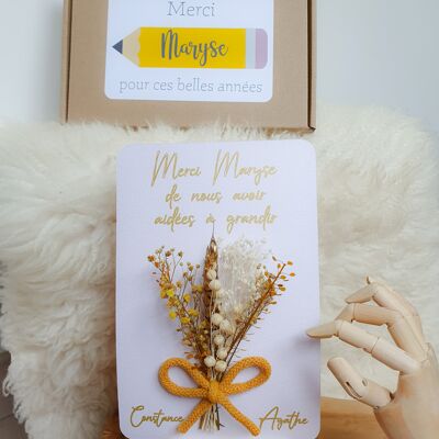 Tarjeta de flores secas naturales regalo de amante, ramo de flores para ofrecer niñera, guardería, ATSEM, regalo de agradecimiento de fin de año - Verde - Dorado - Sin caballete