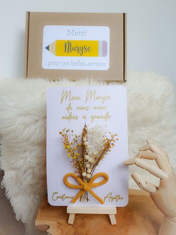 Carte fleurs séchées naturelles merci cadeau maîtresse, Bouquet fleurs à offrir nounou, crèche, ATSEM, cadeau fin d'année remerciement - Jaune - Noir - Sans chevalet