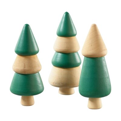 Set of 3 natural/green wooden fir trees 10 cm - Christmas decoration